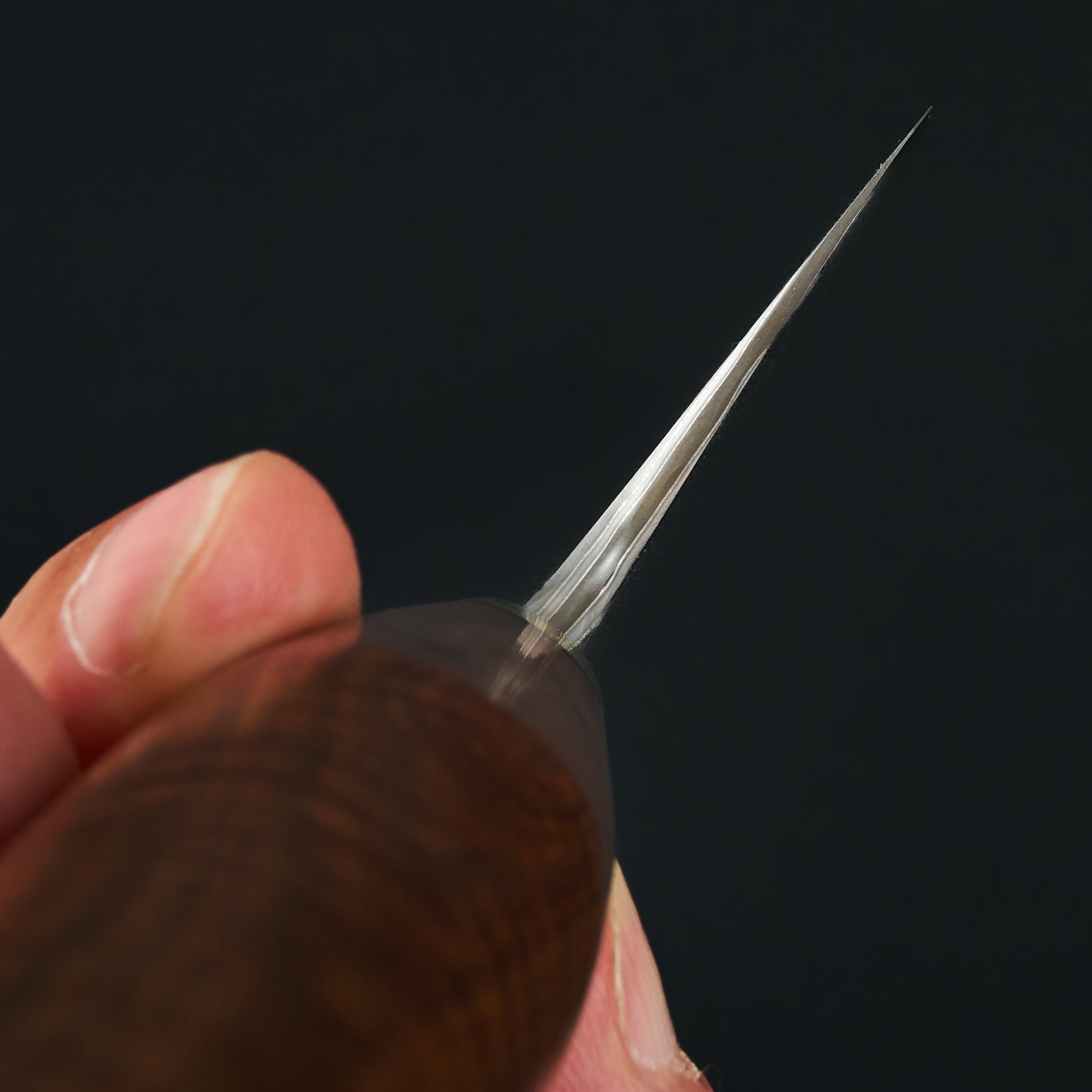 Side profile of a Tobias Hangler 235mm chef knife showing the blade taper to the tip