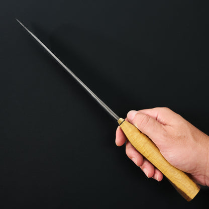 Two-tone Australian mulga handle and brass bolster on a Tobias Hangler chef knife