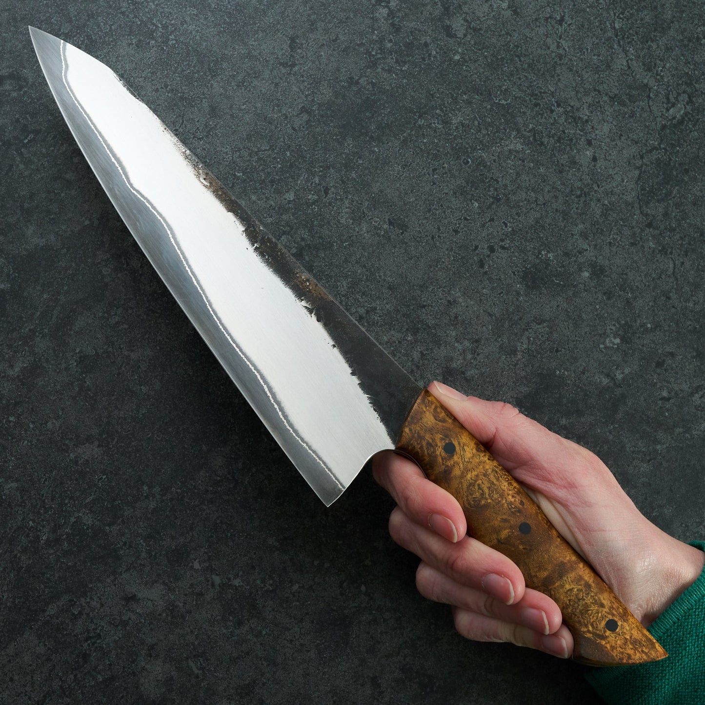 Gyuto 230mm Stainless GoMai 1.2419 Maple Burl Full Tang – handle detail