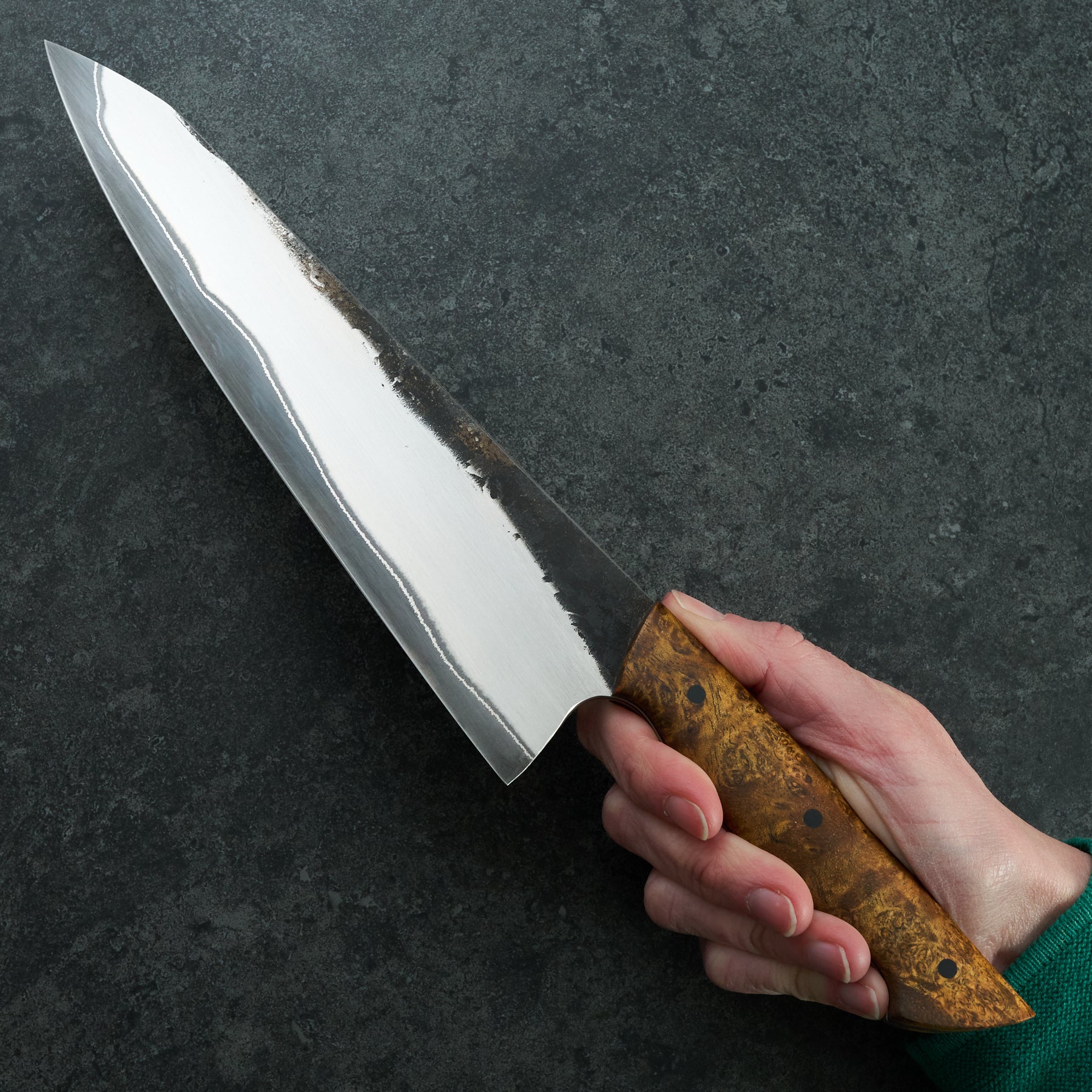 Gyuto 230mm Stainless GoMai 1.2419 Maple Burl Full Tang – handle detail