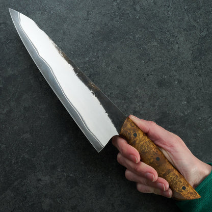 Gyuto 230mm Stainless GoMai 1.2419 Maple Burl Full Tang – handle detail