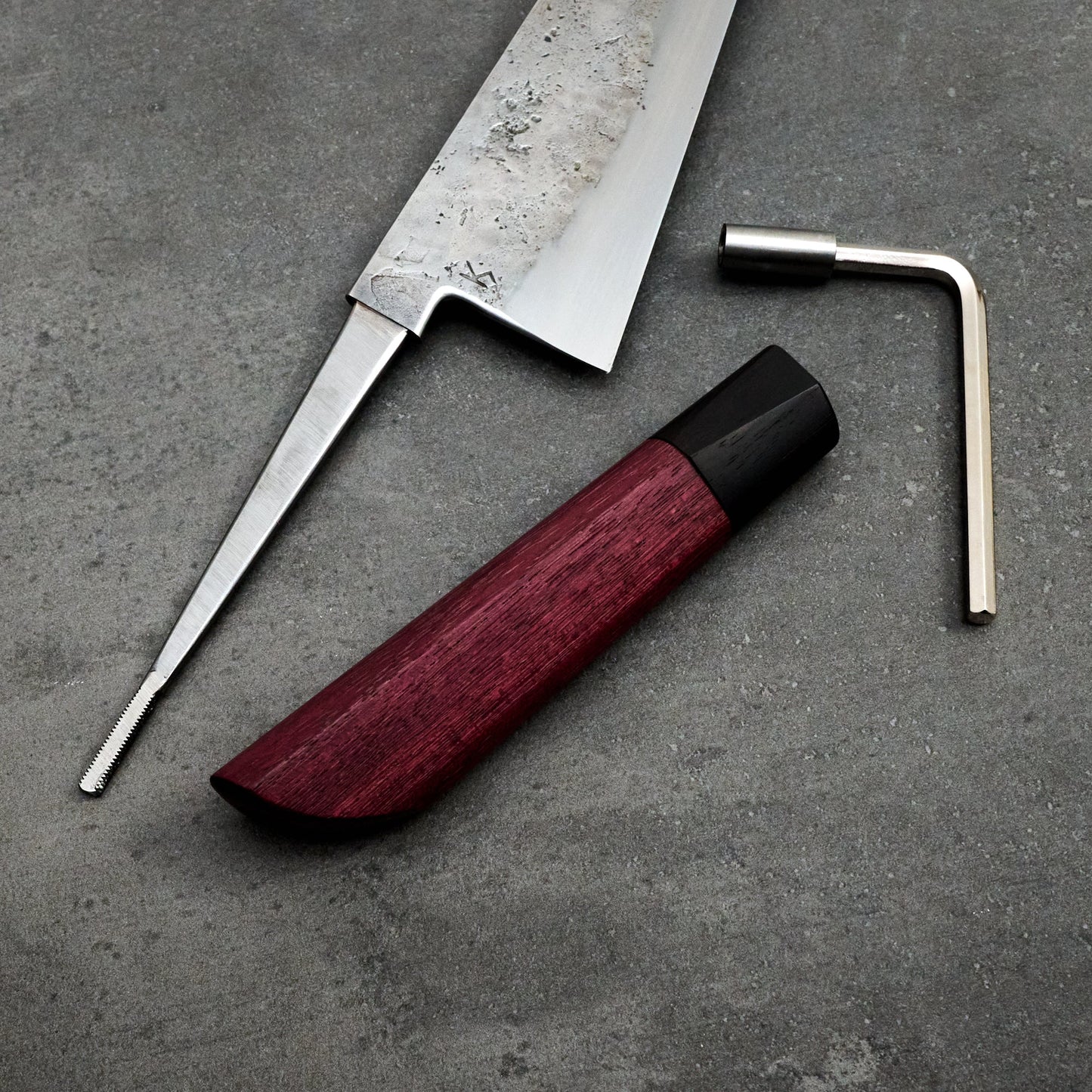 Gyuto 230mm Takedown Purple Heart & African Blackwood – side profile