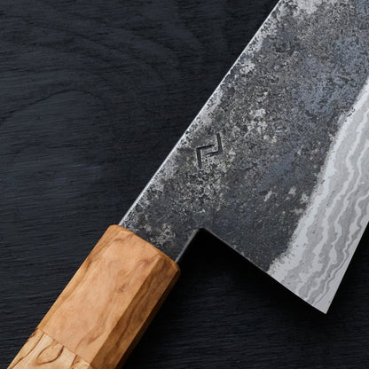 Gyuto 232mm Wrought Iron Suminagashi Clad 135Cr3 Masur & Olive – detail view