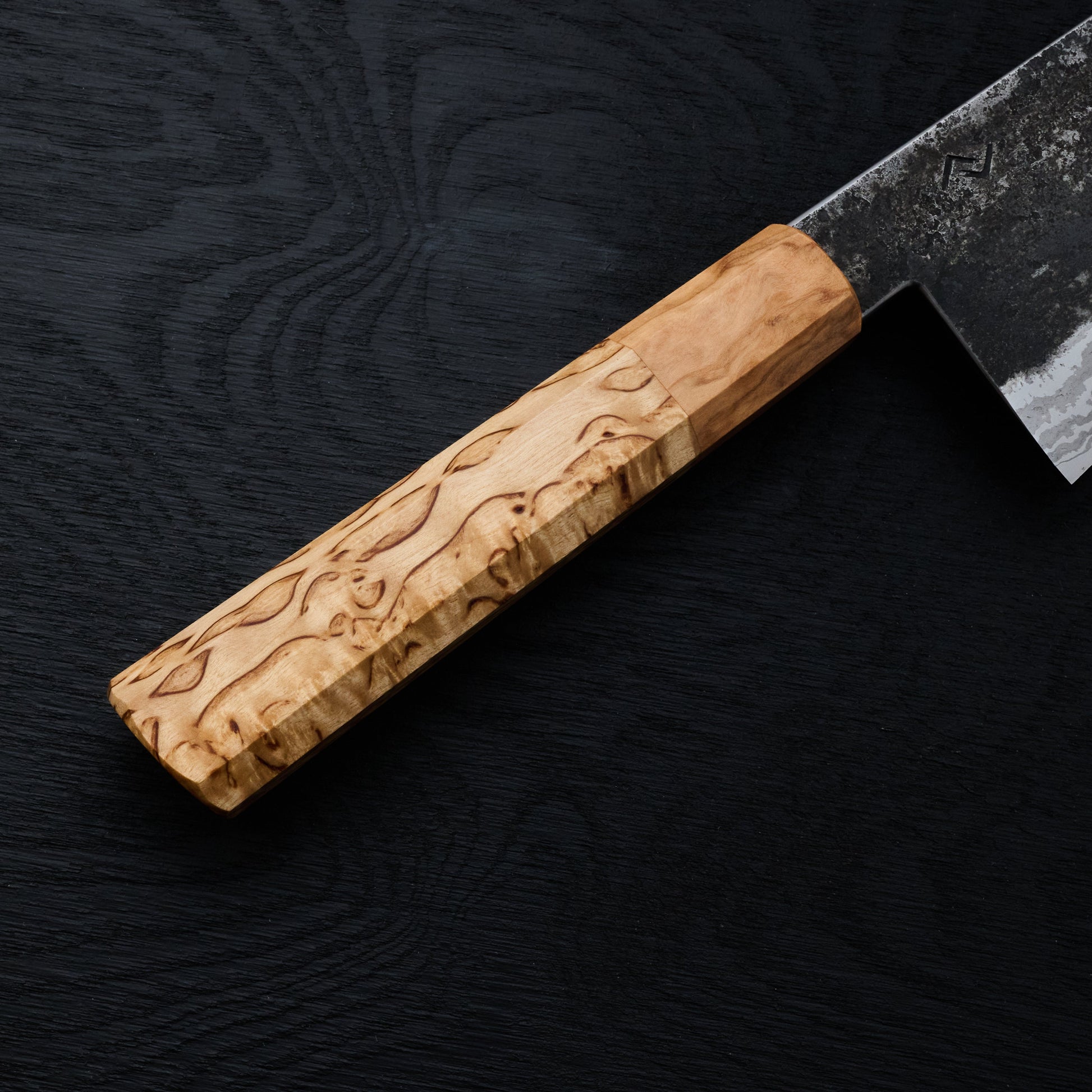 Gyuto 232mm Wrought Iron Suminagashi Clad 135Cr3 Masur & Olive – side profile