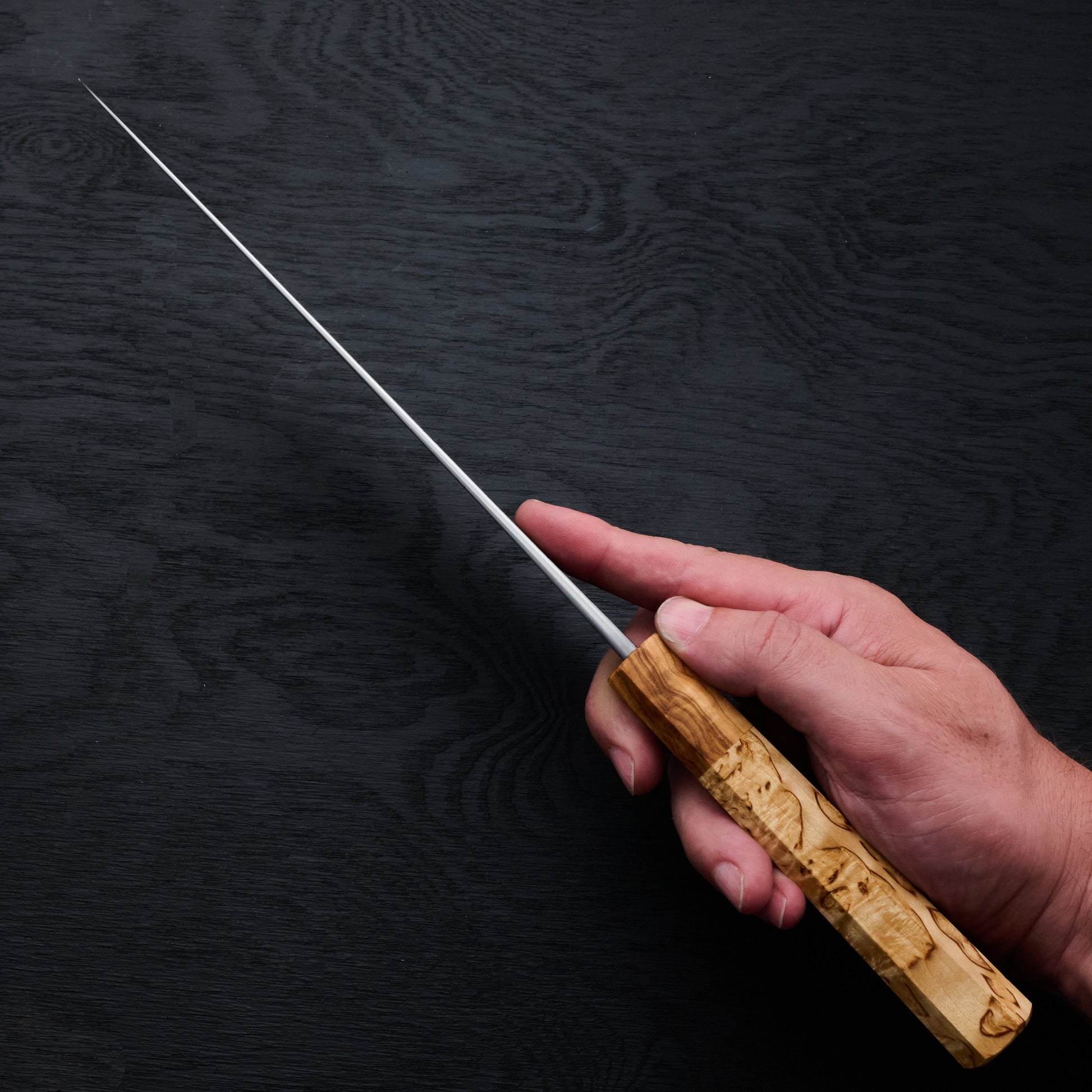 Gyuto 232mm Wrought Iron Suminagashi Clad 135Cr3 Masur & Olive – handle detail
