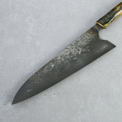 Gyuto 235mm Mono Apex Ultra Black Etch 'Duille Liath' Flared Coffin Grip – blade close-up