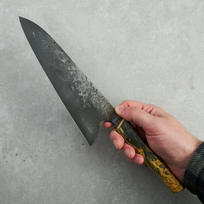Gyuto 235mm Mono Apex Ultra Black Etch 'Duille Liath' Flared Coffin Grip – detail view