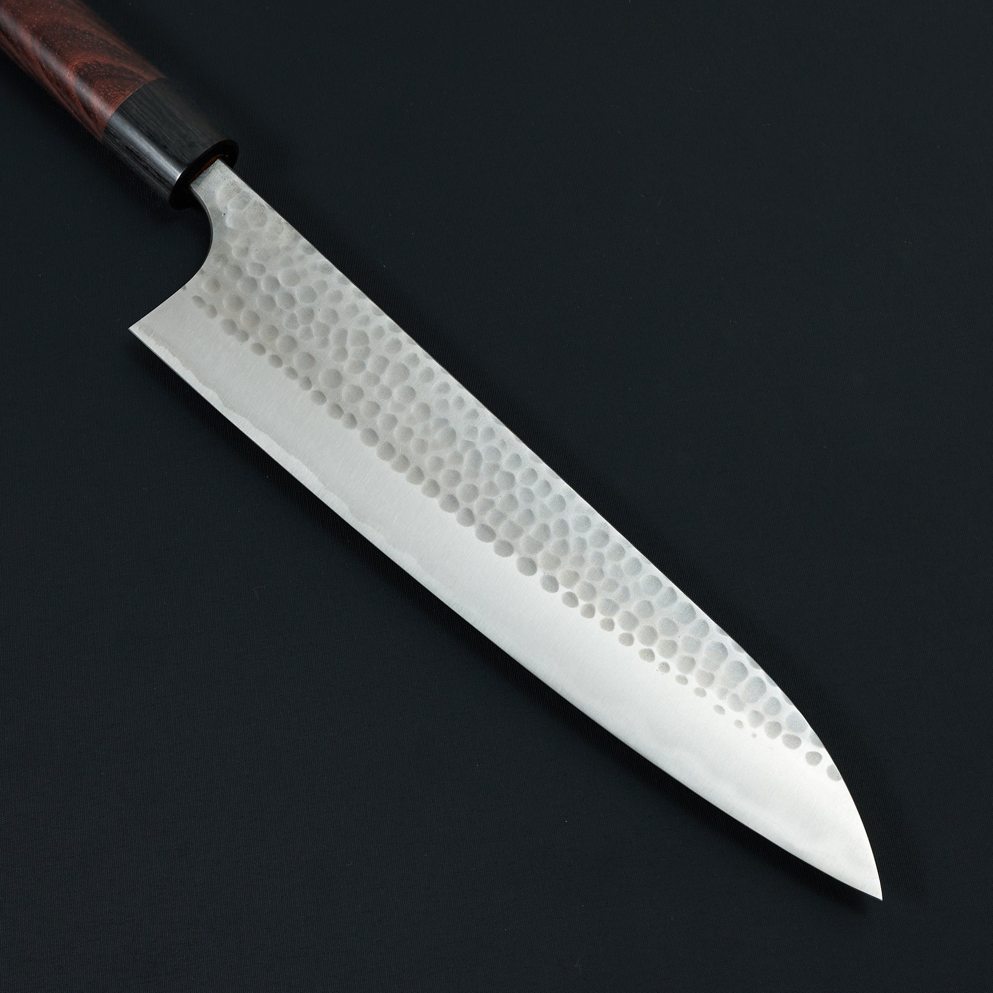 Gyuto 240mm Blue #2 Stainless Clad Tsuchime Rosewood – blade close-up