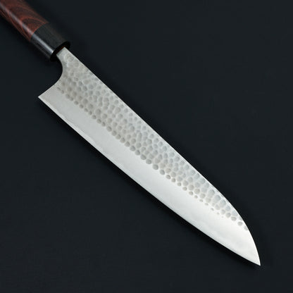 Gyuto 240mm Blue #2 Stainless Clad Tsuchime Rosewood – blade close-up