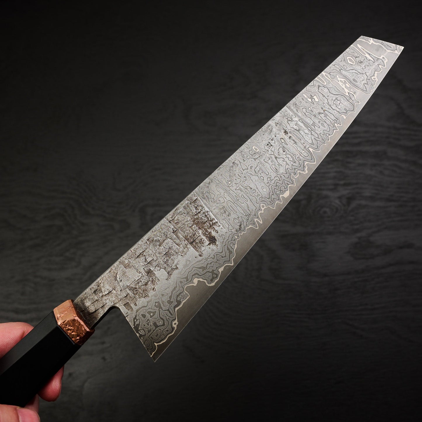 Gyuto 240mm MH Go Mai Damascus, Nickel & Apex Ultra Core – detail view