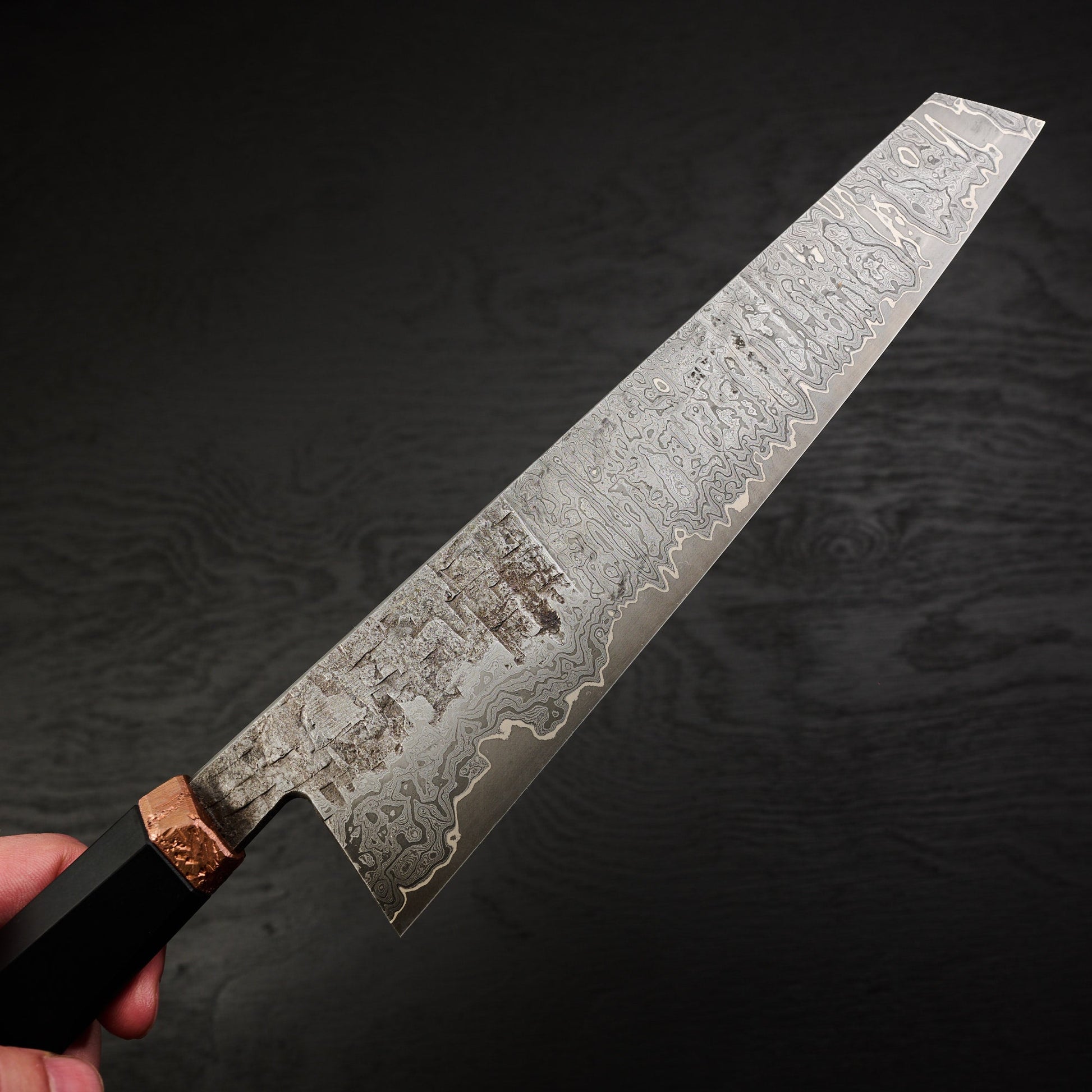 Gyuto 240mm MH Go Mai Damascus, Nickel & Apex Ultra Core – detail view