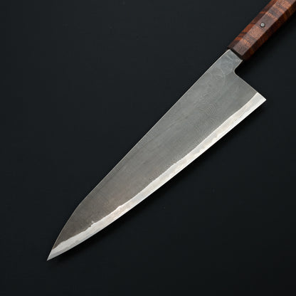 Gyuto 250mm GoMai Damasteel, Ni, Apex Ultra Textured Gidgee Takedown – detail view