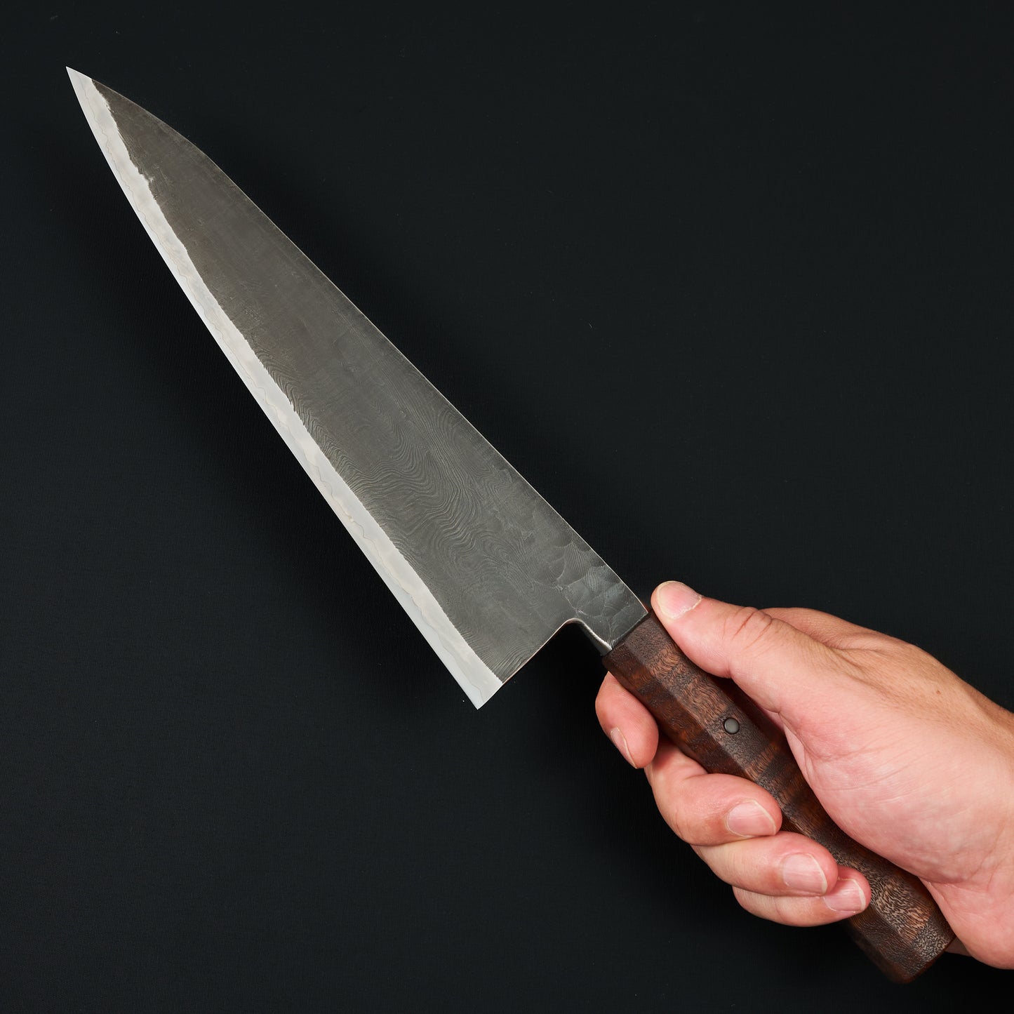 Gyuto 250mm GoMai Damasteel, Ni, Apex Ultra Textured Gidgee Takedown – blade close-up