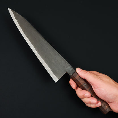 Gyuto 250mm GoMai Damasteel, Ni, Apex Ultra Textured Gidgee Takedown – blade close-up
