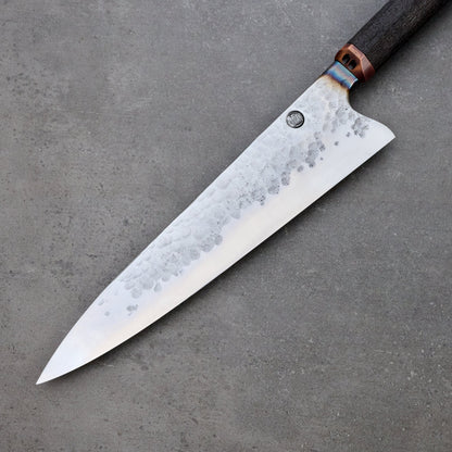 Gyuto 240mm Denty Nashiji Ancient Red Gum & Vintage Copper – blade close-up