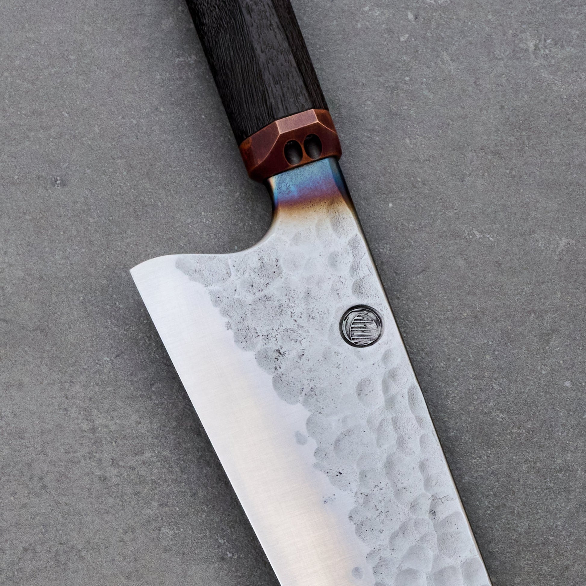 Gyuto 240mm Denty Nashiji Ancient Red Gum & Vintage Copper – detail view