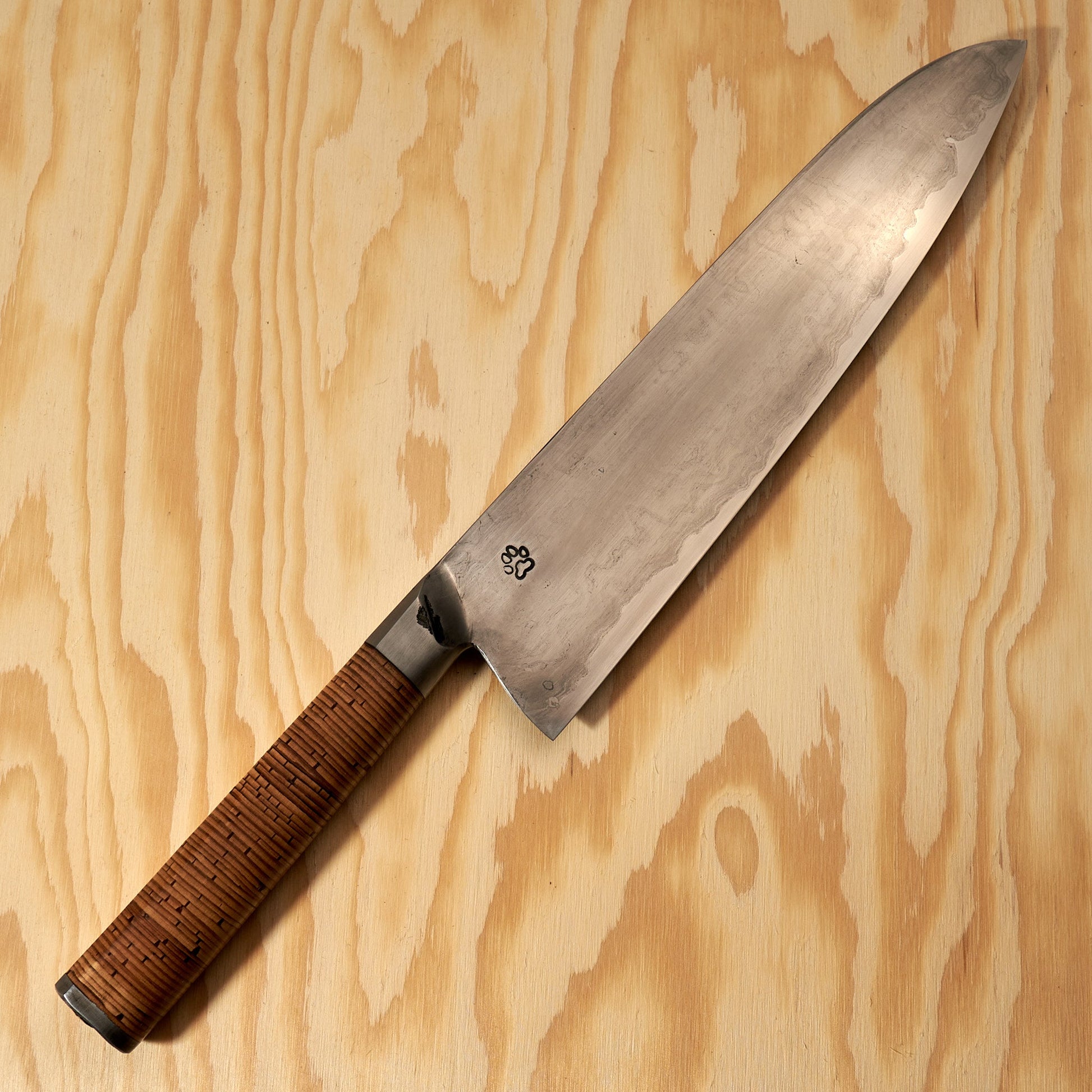 Gyuto 240mm Wrought Iron San Mai Integral Birchbark & Brass – handle detail