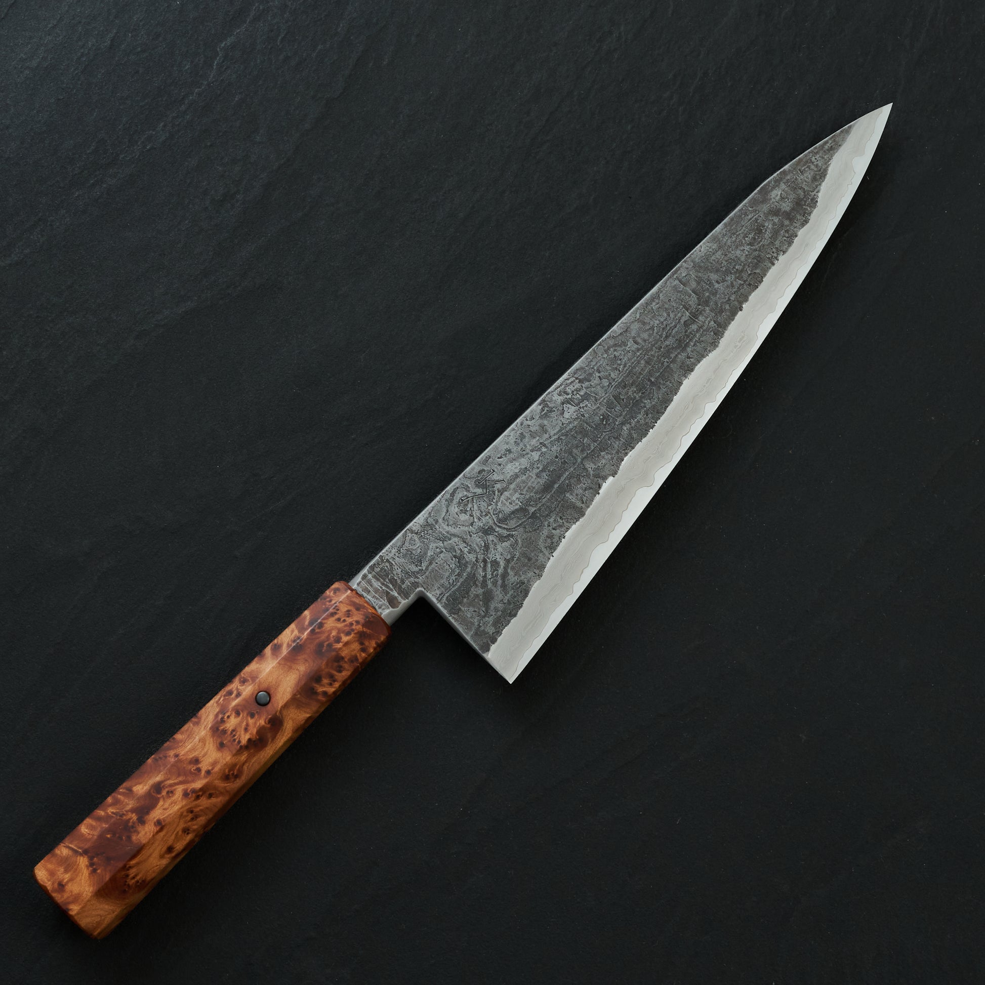 Gyuto 240mm GoMai Damasteel, Ni, Apex Ultra Thuya Burl Takedown
