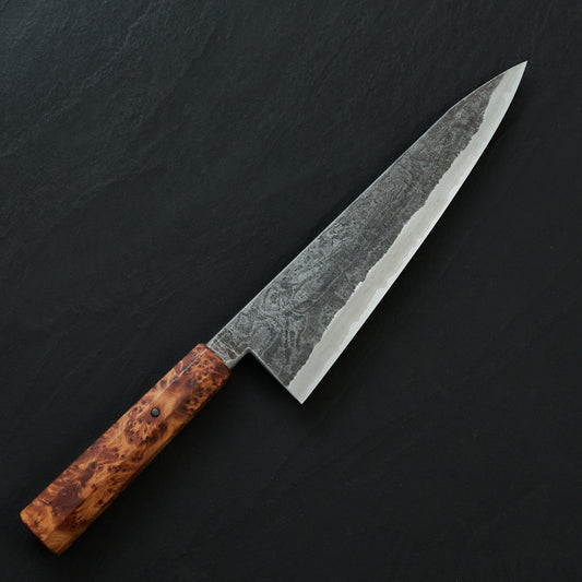 Gyuto 240mm GoMai Damasteel, Ni, Apex Ultra Thuya Burl Takedown