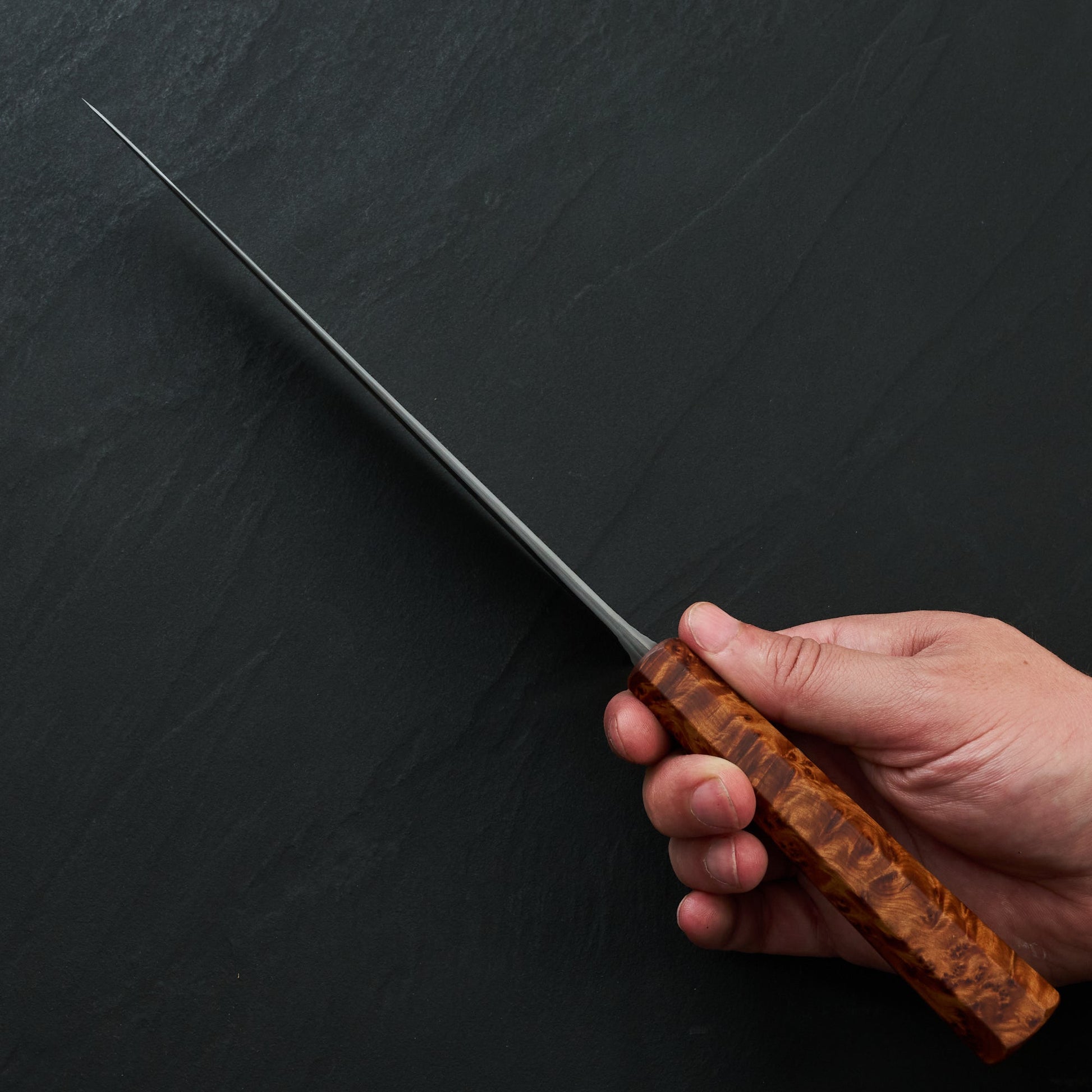 Gyuto 240mm GoMai Damasteel, Ni, Apex Ultra Thuya Burl Takedown – handle detail