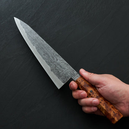 Gyuto 240mm GoMai Damasteel, Ni, Apex Ultra Thuya Burl Takedown – blade close-up