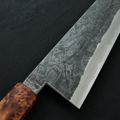 Gyuto 240mm GoMai Damasteel, Ni, Apex Ultra Thuya Burl Takedown – detail view