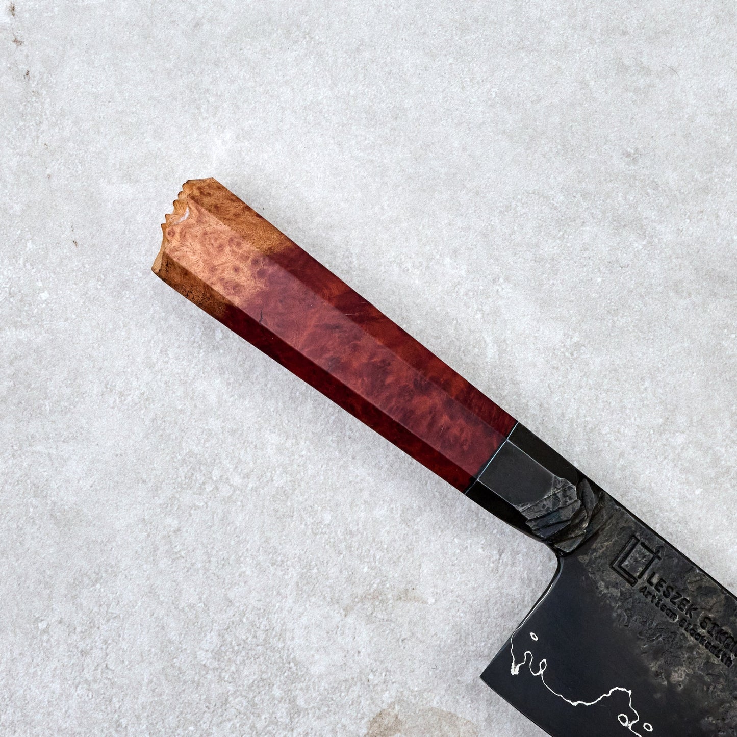 Gyuto 240mm GoMai Graphite Live Edge Amboyna Burl – blade close-up