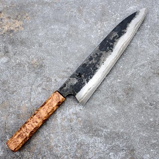 Gyuto 240mm GoMai Wrought Iron, Nickel, 52100, Black Ash Burl