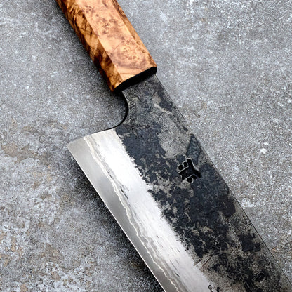 Gyuto 240mm GoMai Wrought Iron, Nickel, 52100, Black Ash Burl – detail view