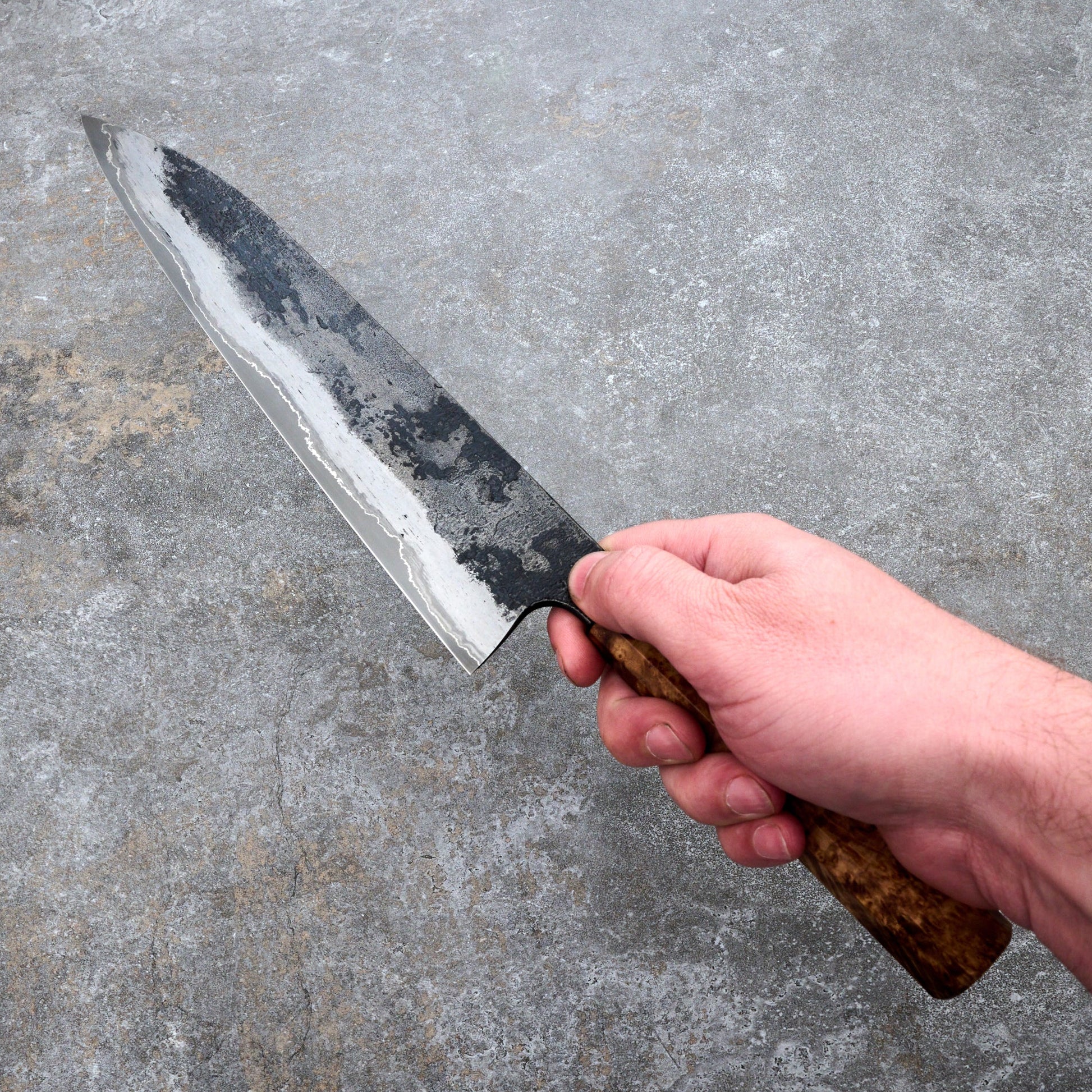 Gyuto 240mm GoMai Wrought Iron, Nickel, 52100, Black Ash Burl – handle detail