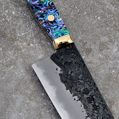 Gyuto 240mm Hon-Warikomi White #2 Iron Clad, Ku, Kasumi, Abalone Full Tang – handle detail