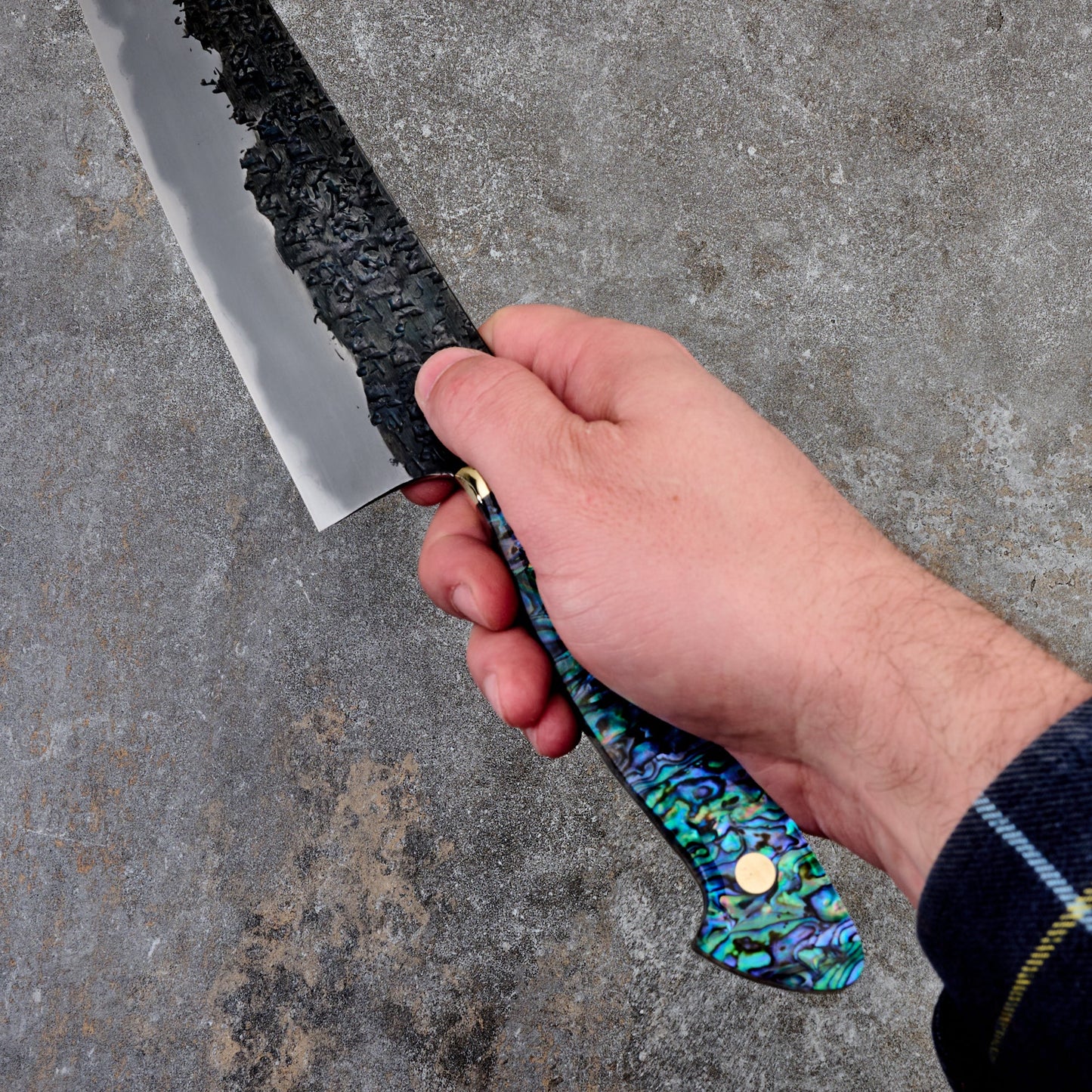 Gyuto 240mm Hon-Warikomi White #2 Iron Clad, Ku, Kasumi, Abalone Full Tang – blade close-up