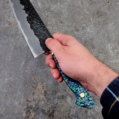 Gyuto 240mm Hon-Warikomi White #2 Iron Clad, Ku, Kasumi, Abalone Full Tang – blade close-up