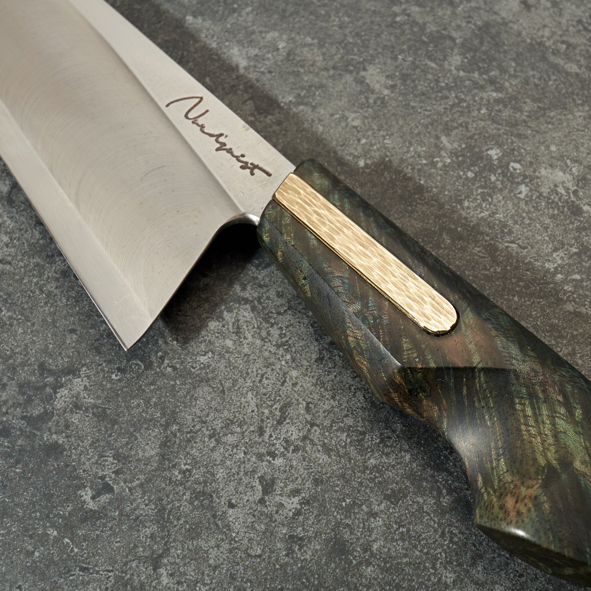 Gyuto 240mm MagnaCut 'S' Grind Nepalese Alder & Brass – detail view