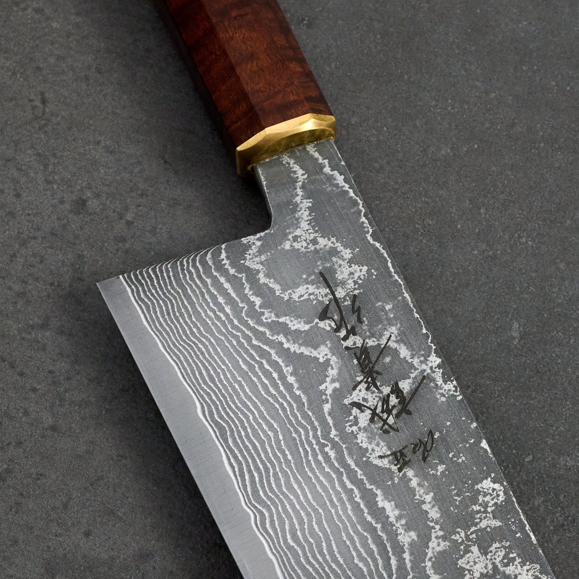Gyuto 240mm SG2 Damascus Clad Gidgee & Brass – detail view