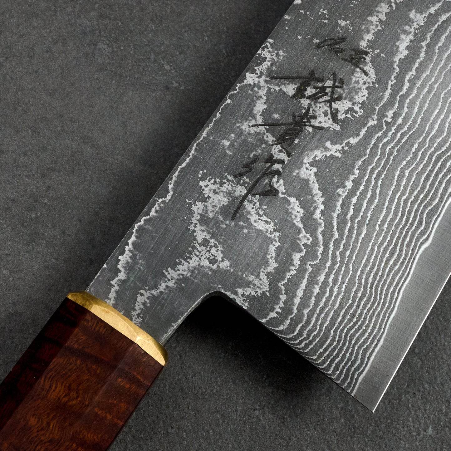 Gyuto 240mm SG2 Damascus Clad Gidgee & Brass – side profile