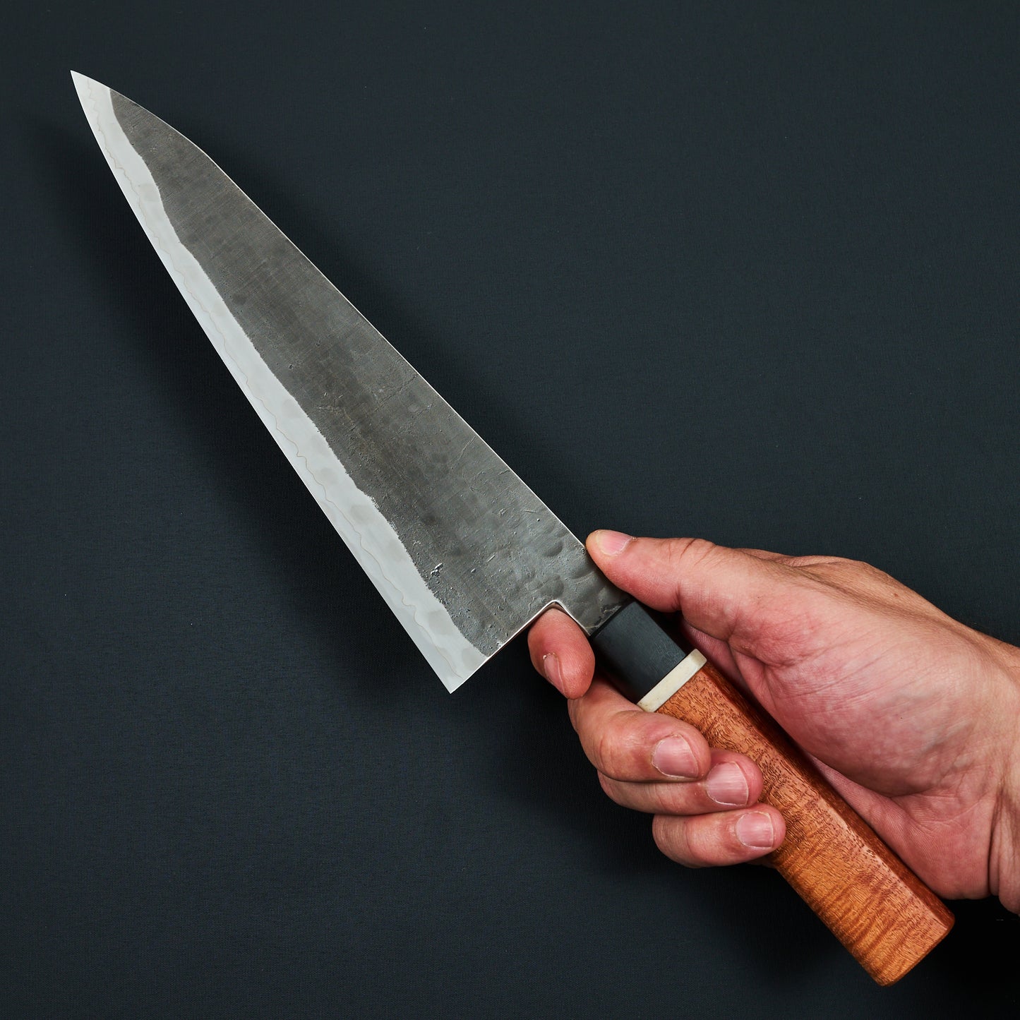Gyuto 235mm Stainless Glad Apex Ultra KU Stone Finish Red River Gum & Bone By Simon Krichbaum – detail view