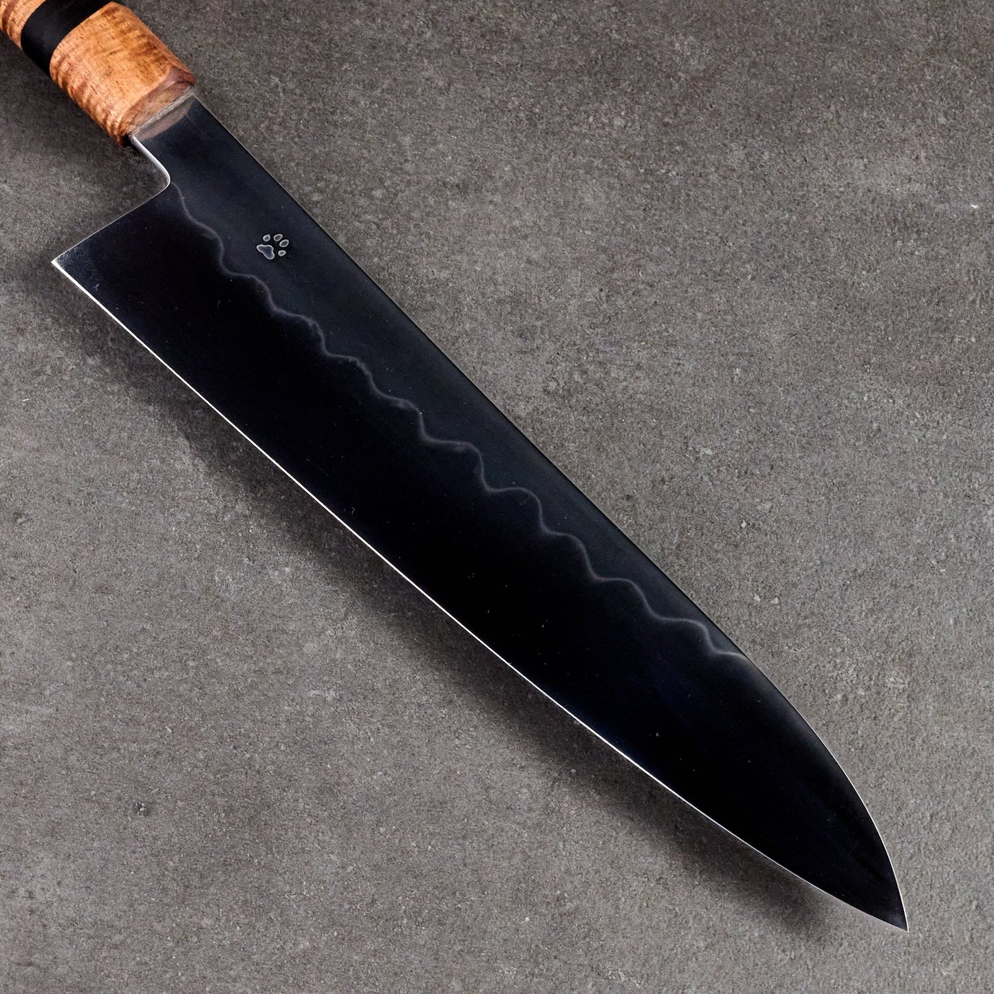 Gyuto 245mm Mizu Honyaki C105 Mirror, Tasmanian Blackwood & Ebony – detail view