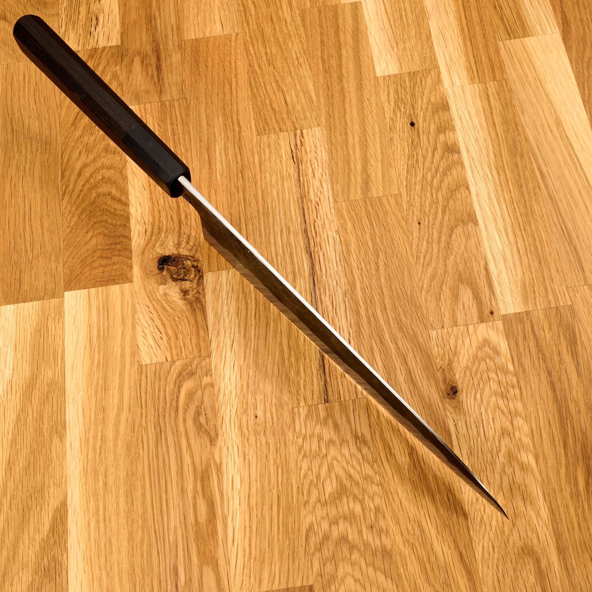 Gyuto 245mm Shirogami #1 Wrought Iron Clad Ku Kasumi – blade close-up