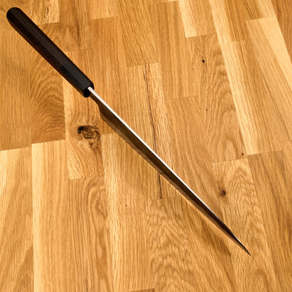 Gyuto 245mm Shirogami #1 Wrought Iron Clad Ku Kasumi – blade close-up