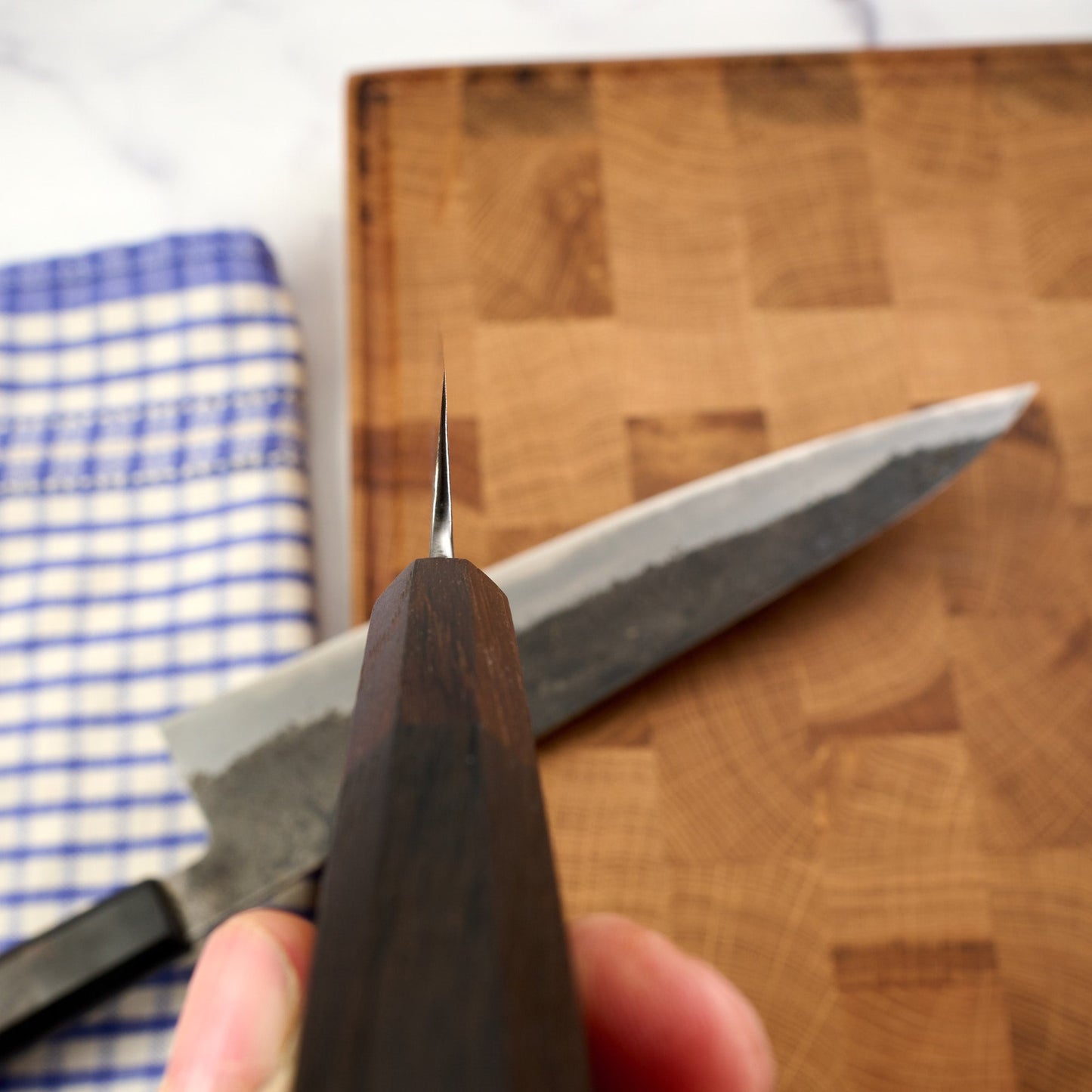 Gyuto 245mm & Petty 130mm Wrought Iron Clad Shirogami #1 – handle detail
