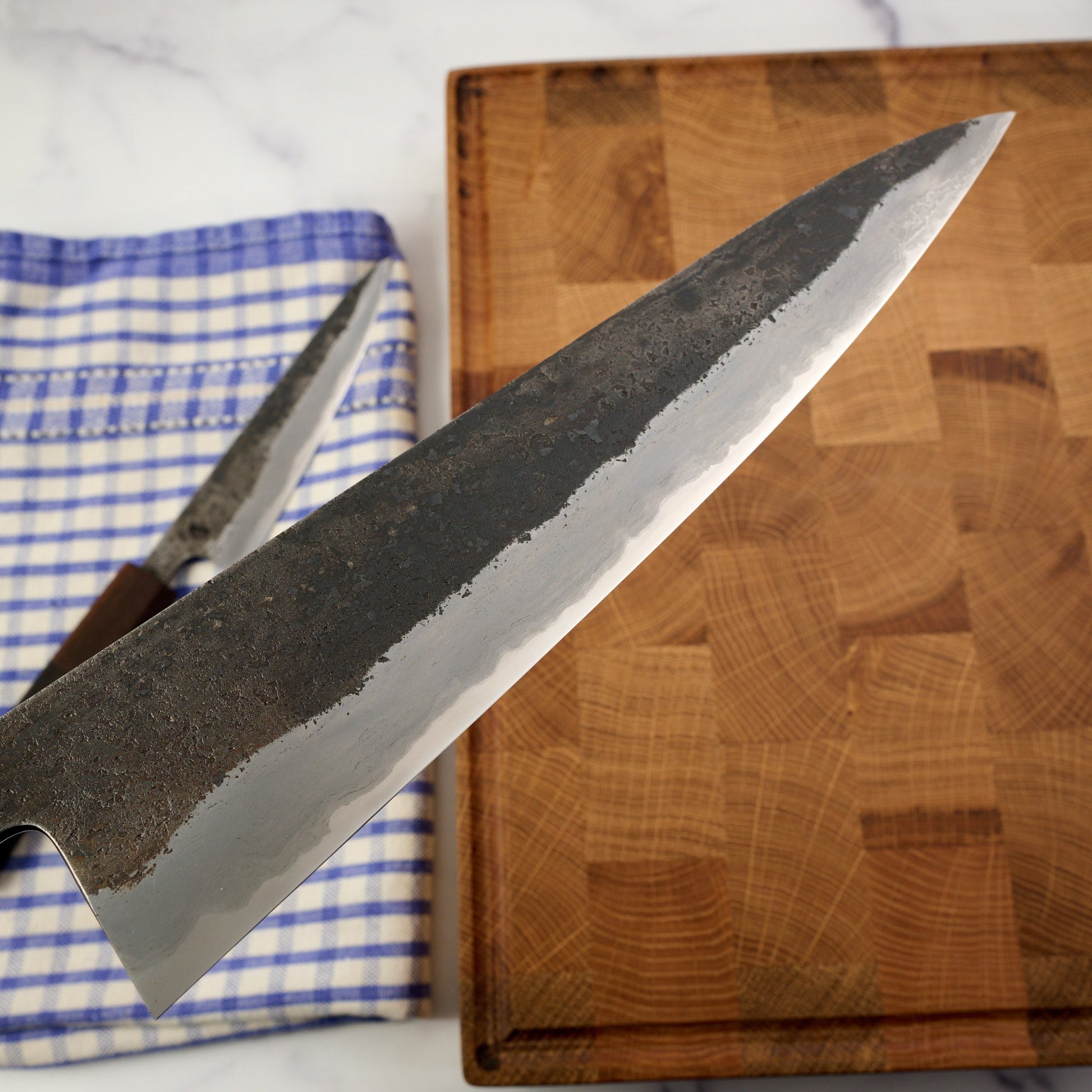 Gyuto 245mm & Petty 130mm Wrought Iron Clad Shirogami #1 – detail view