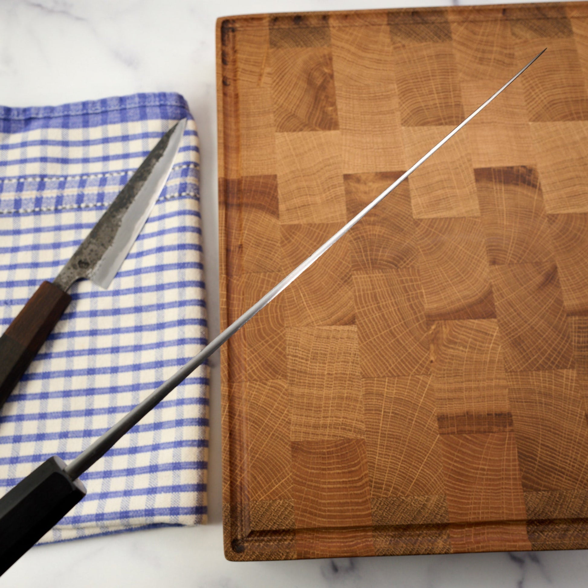 Gyuto 245mm & Petty 130mm Wrought Iron Clad Shirogami #1 – side profile