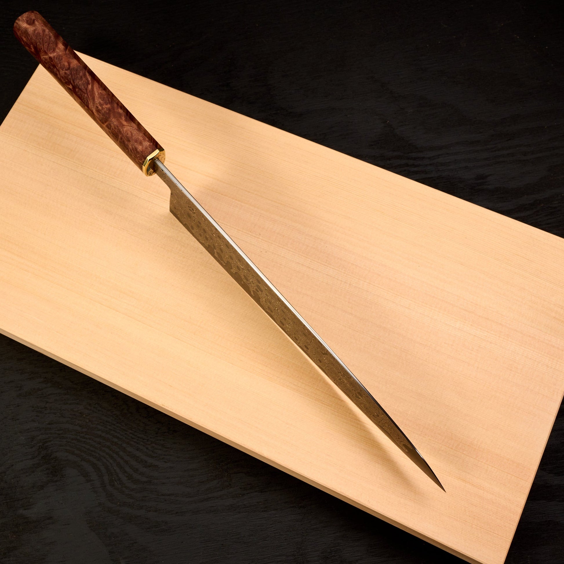 Gyuto 250mm Rain Drop Damascus Clad Apex Ultra Amboyna & Brass – side profile