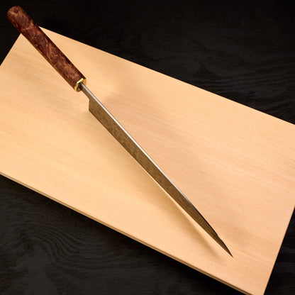 Gyuto 250mm Rain Drop Damascus Clad Apex Ultra Amboyna & Brass – side profile