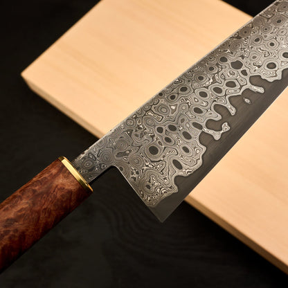 Gyuto 250mm Rain Drop Damascus Clad Apex Ultra Amboyna & Brass – handle detail