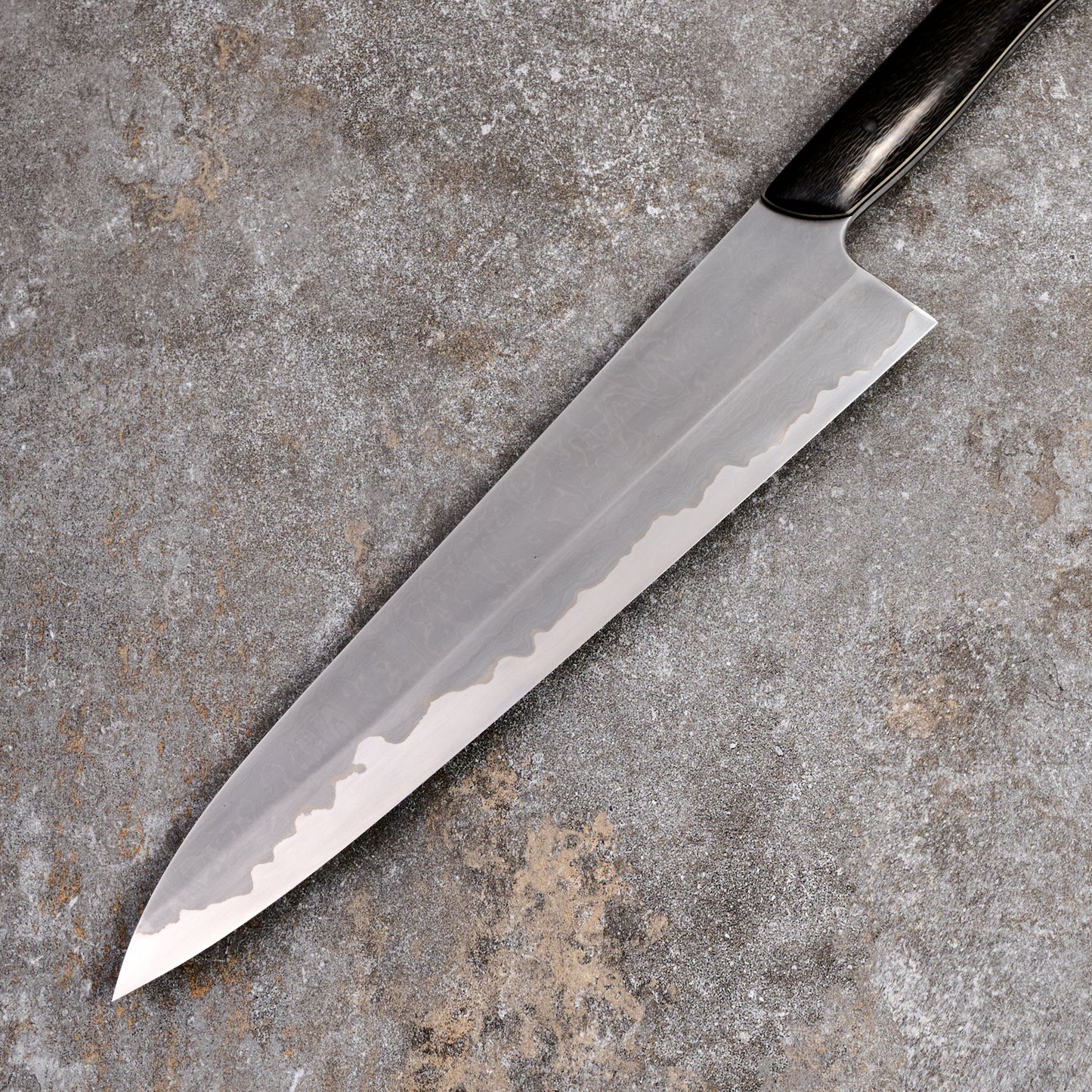 Gyuto 250mm SanMai Wrought Iron & Nickel Damascus Clad 1.2519 Full Polish – detail view