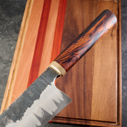 Gyuto 250mm Stainless GoMai 1.2519 Ironwood & Brass – blade close-up