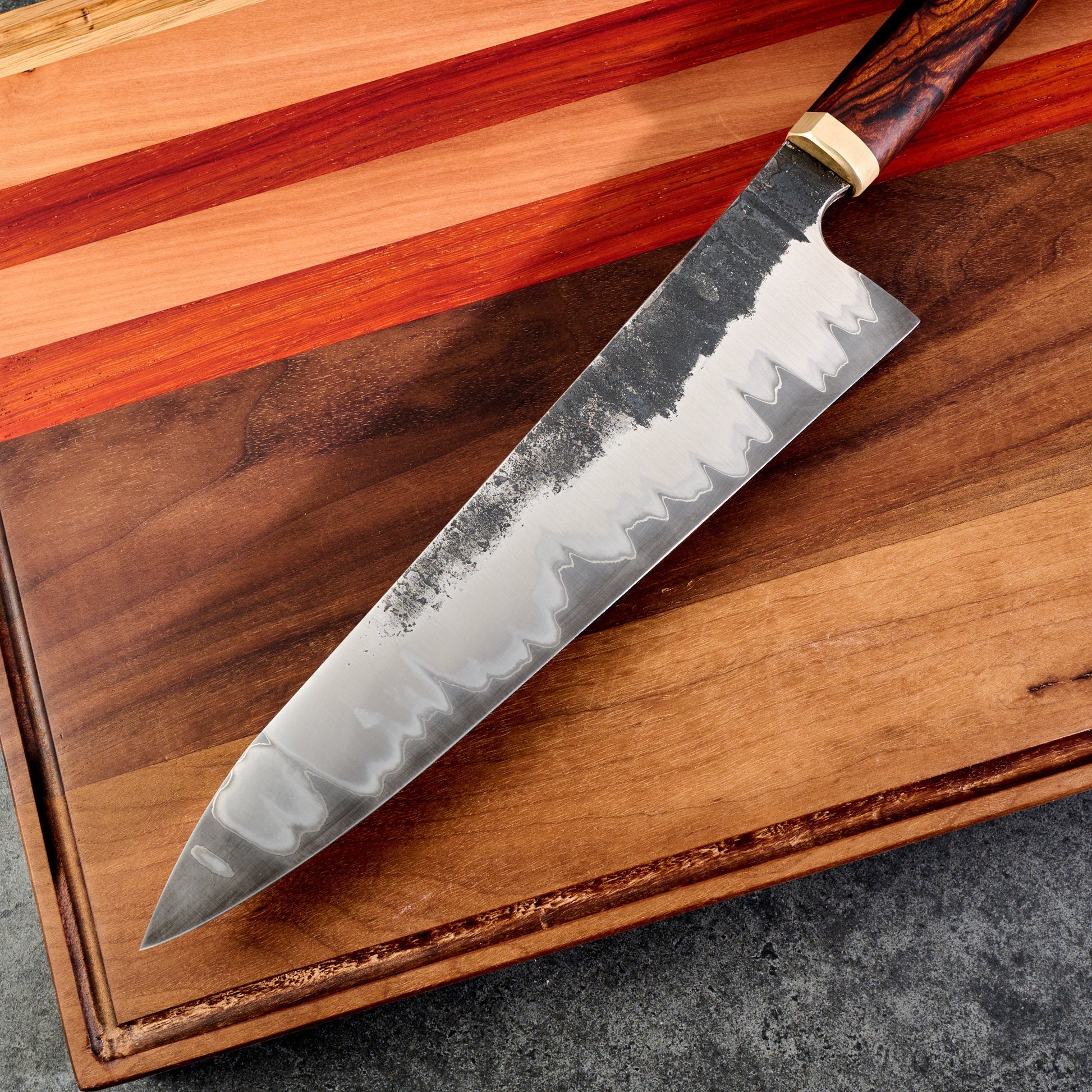 Gyuto 250mm Stainless GoMai 1.2519 Ironwood & Brass – detail view