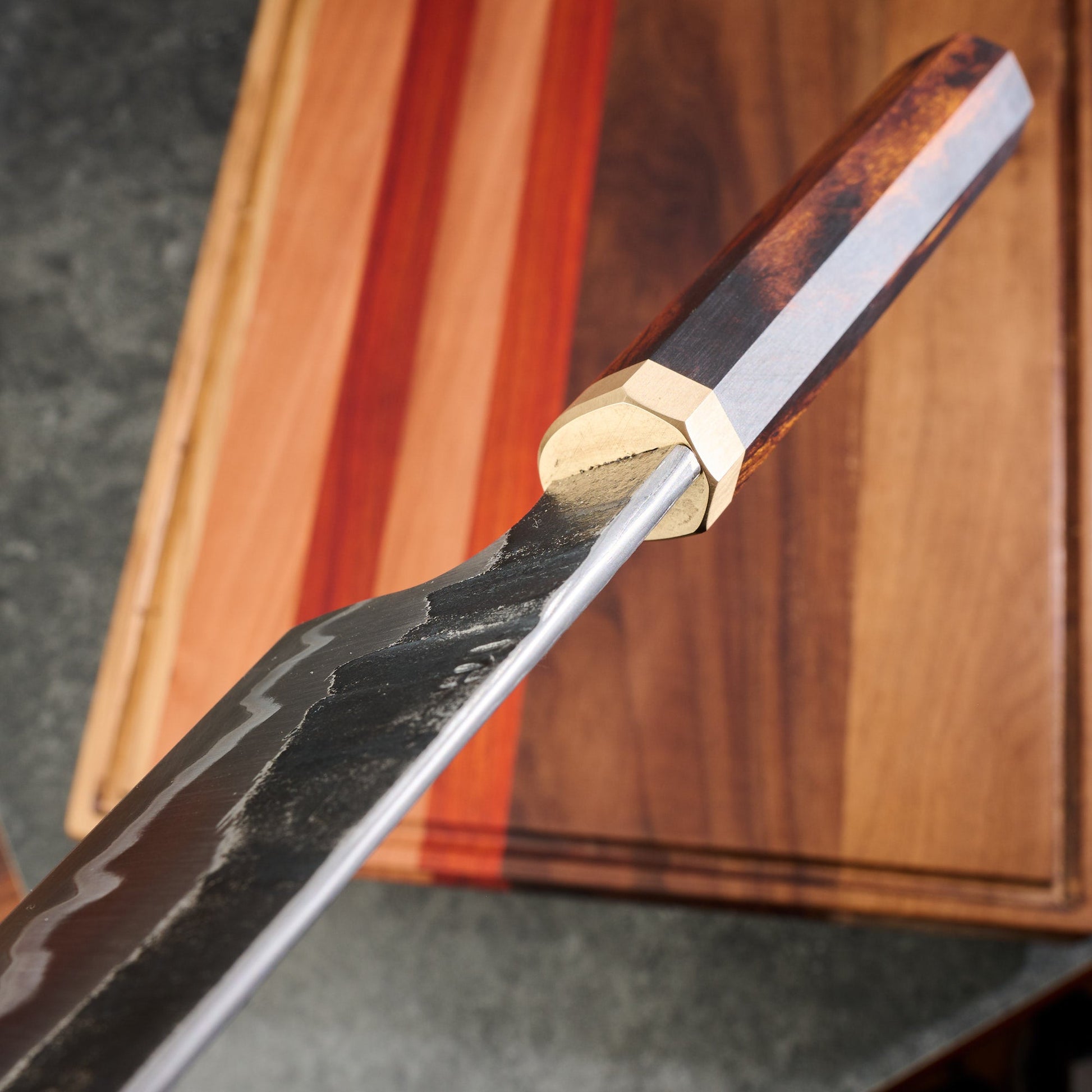 Gyuto 250mm Stainless GoMai 1.2519 Ironwood & Brass – handle detail
